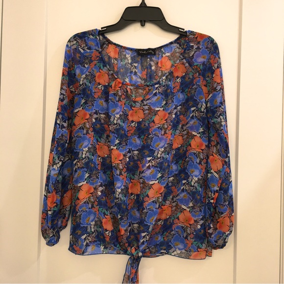 Blouse. Rich blue and coral. Size L/XL - Picture 1 of 3